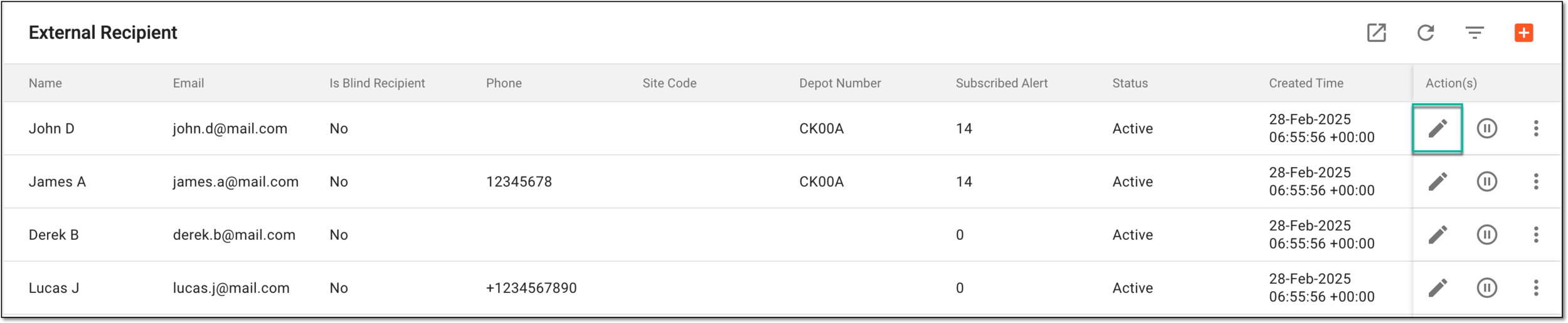 Selecting to edit external recipient account