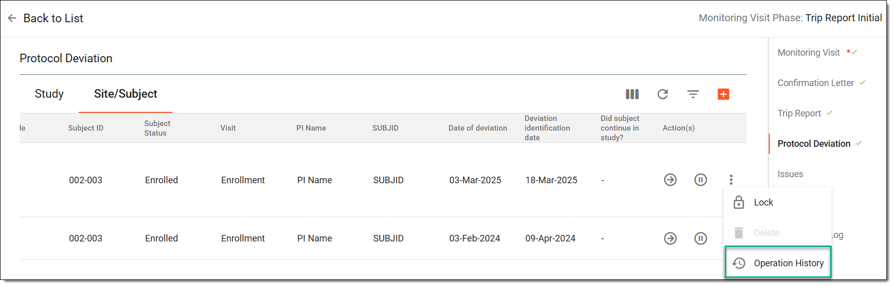 Accessing operation history of protocol deviation report