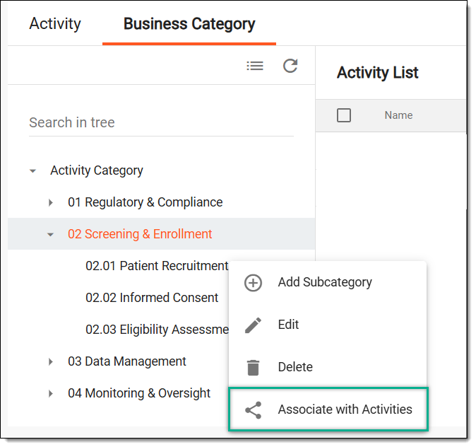 Selecting option to associate activities