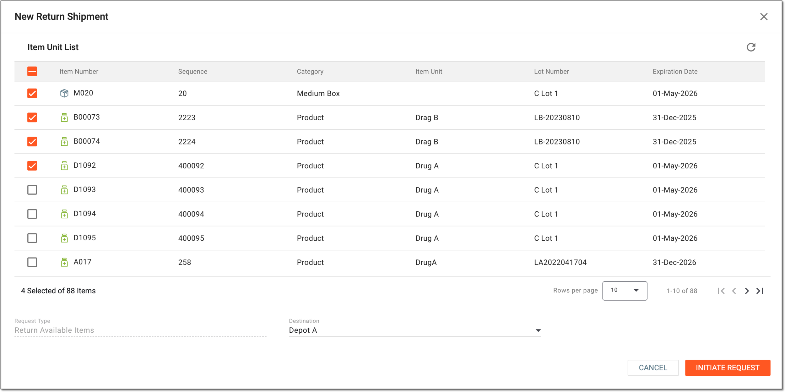 Creating return shipment with available items