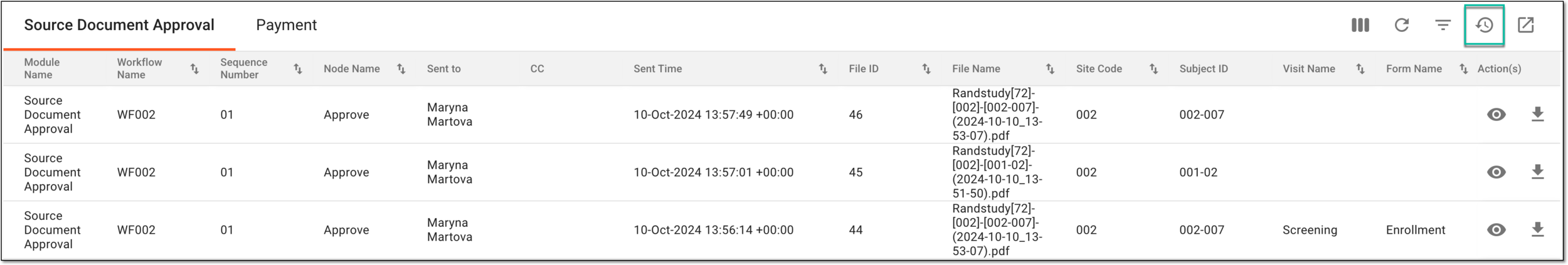 Accessing export history for workflow-sent email report