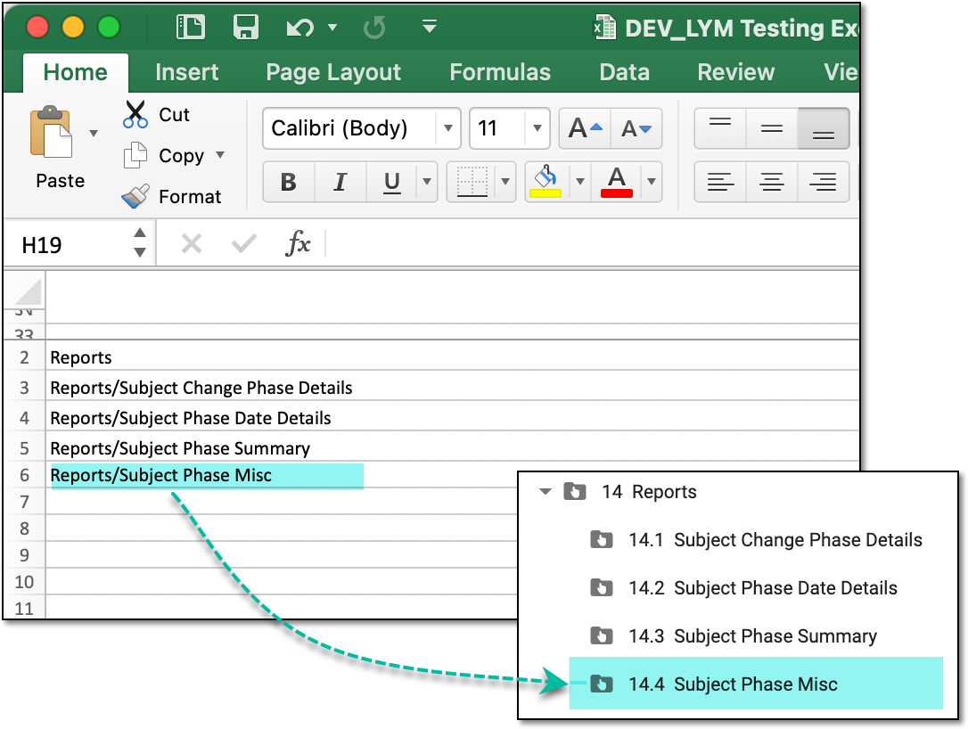 Example of added rows representing added folders in eTMF folder structure