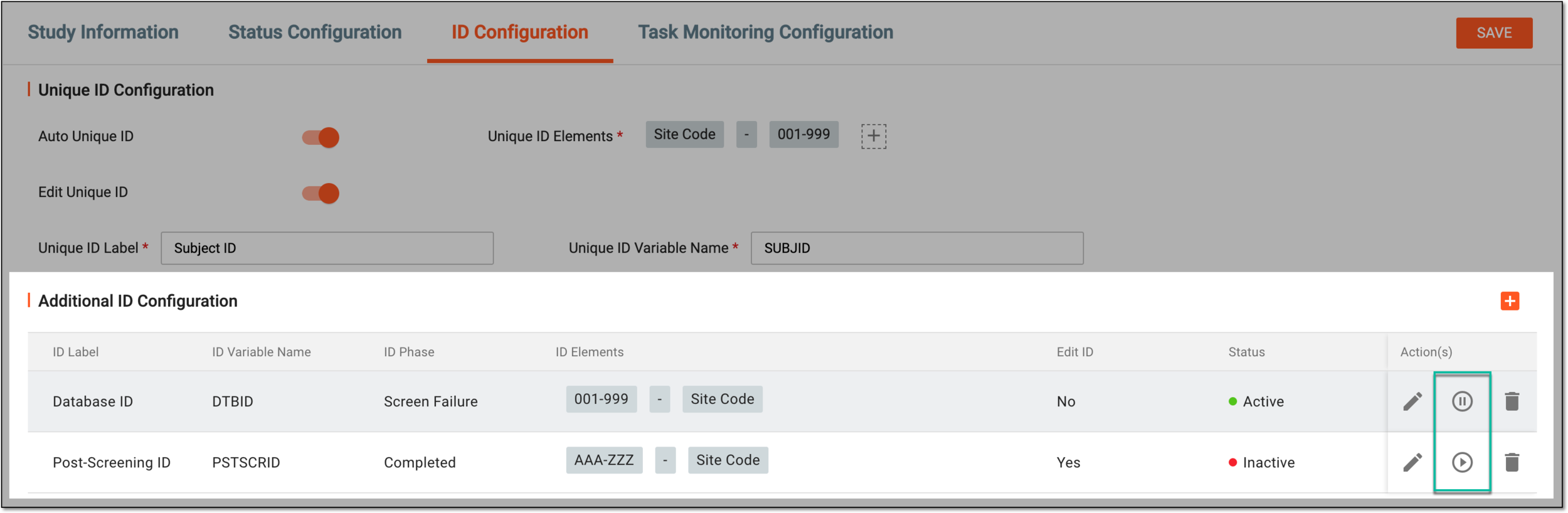 Selecting options to activate and inactivating additional ID