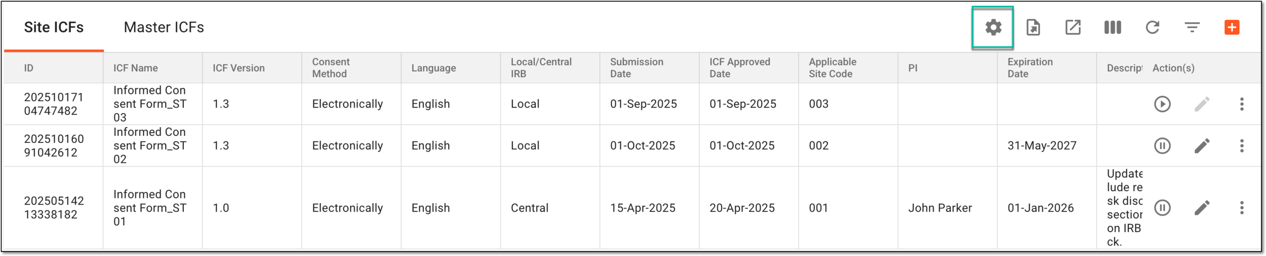 Accessing site ICF listing setting