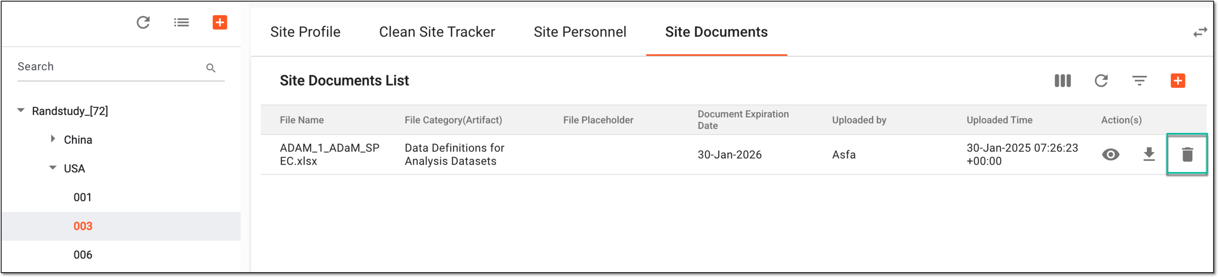 Accessing option to delete site document