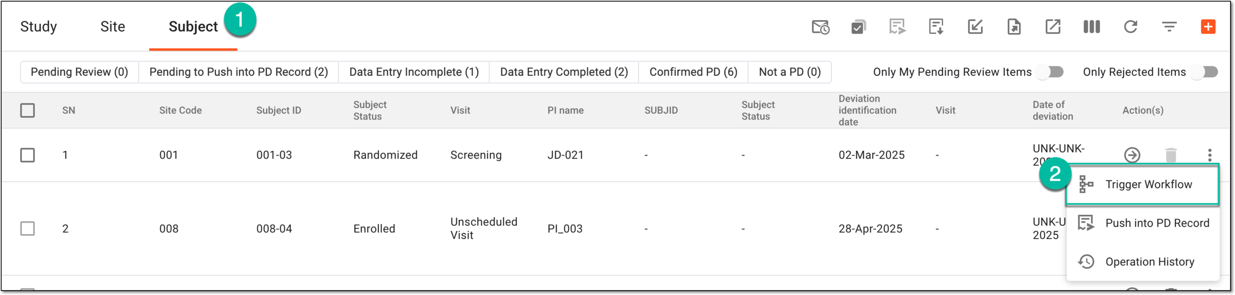 Selecting to trigger workflow for potential PD record