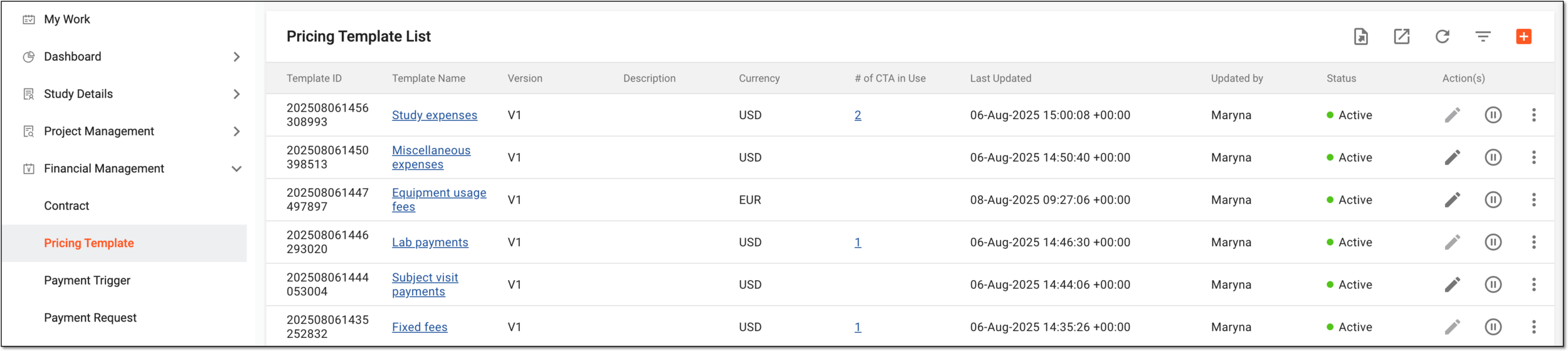 Pricing template list