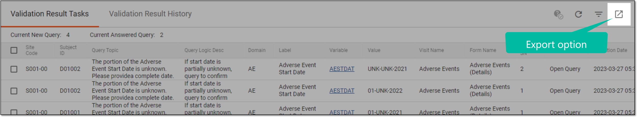Exporting validation result tasks