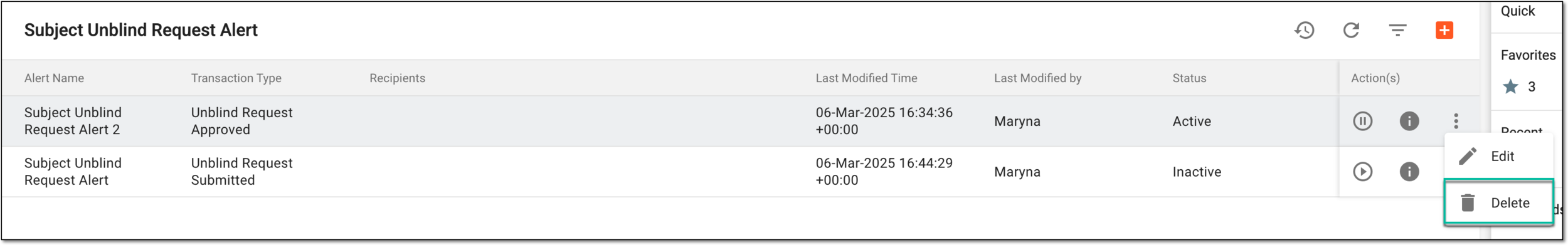 Selecting option to delete subject unblind request alert