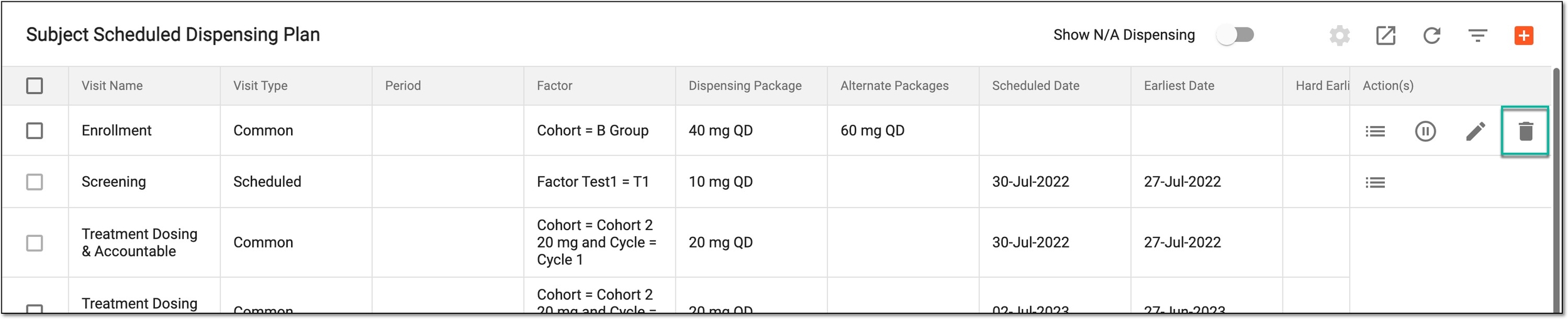Deleting visit from dispensing plan