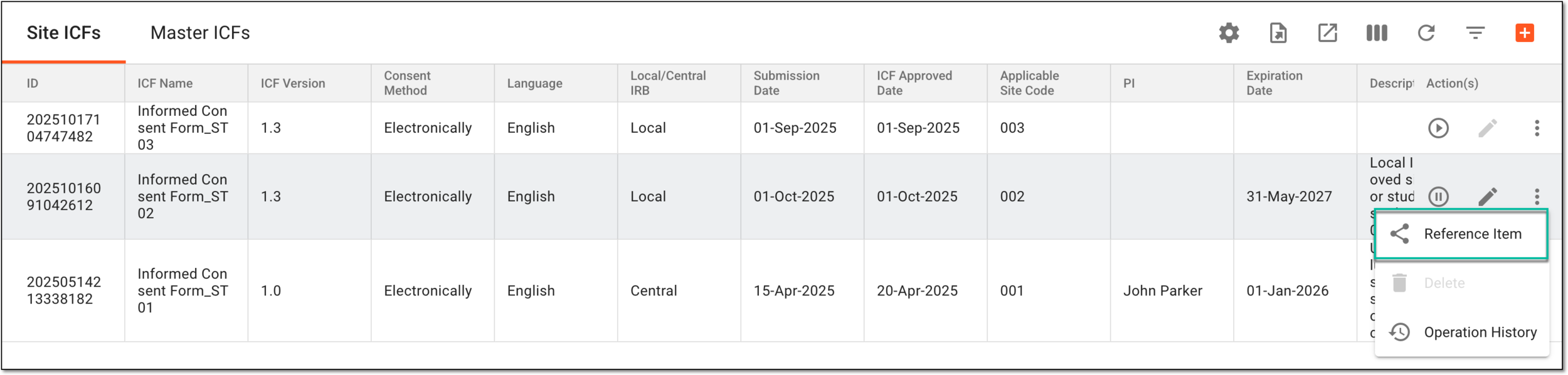 Selecting to view references for site ICF