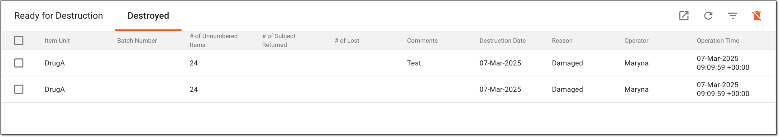 Viewing destroyed item list