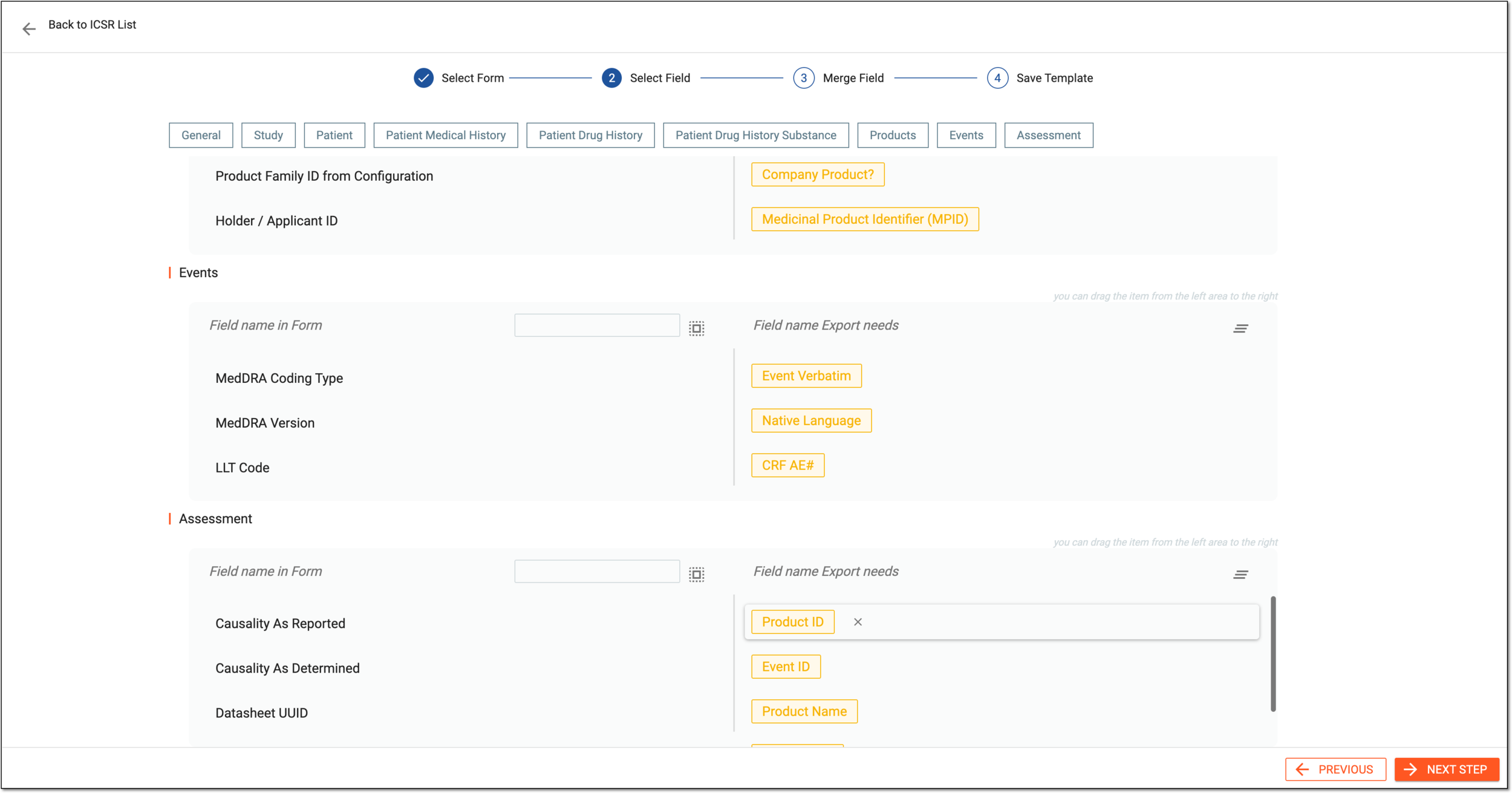 Selecting form fields to export
