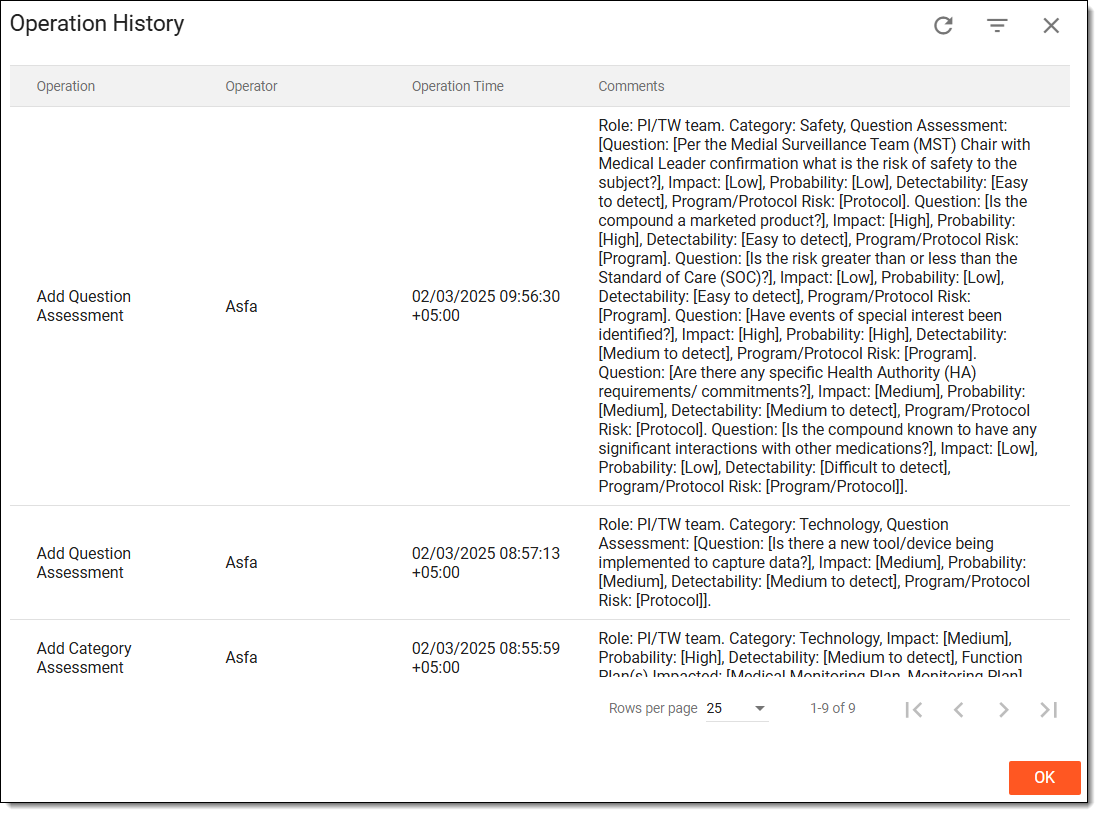 Viewing risk assessment operation history