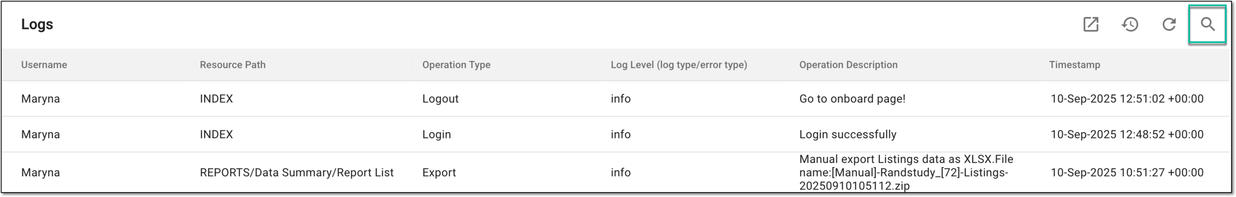 Accessing search option for logs