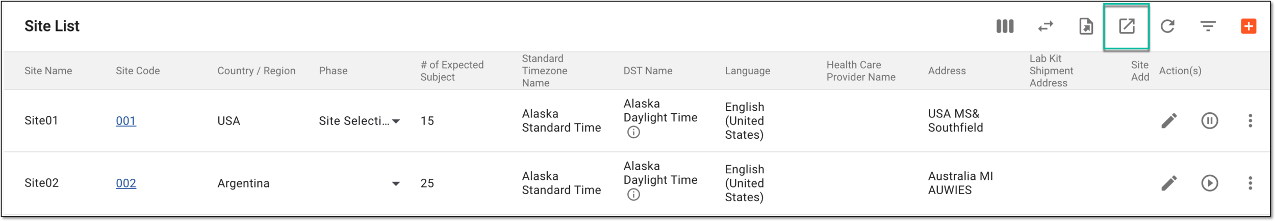 Accessing option to export study site list