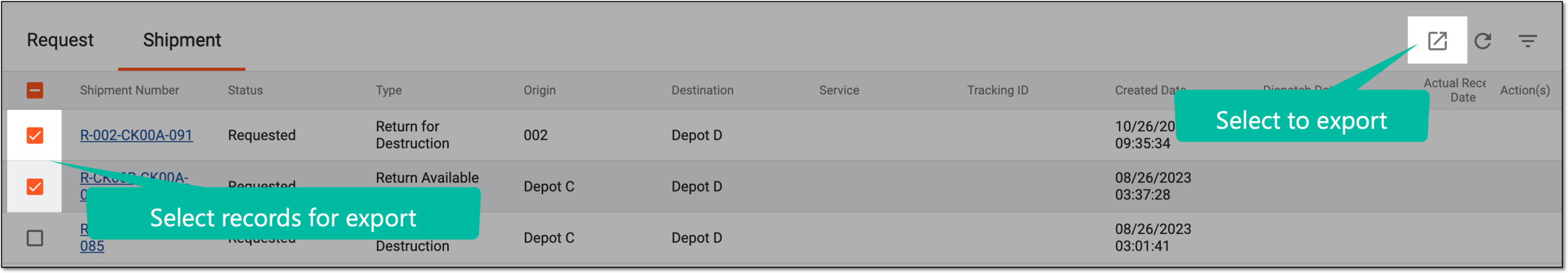 Exporting return shipments