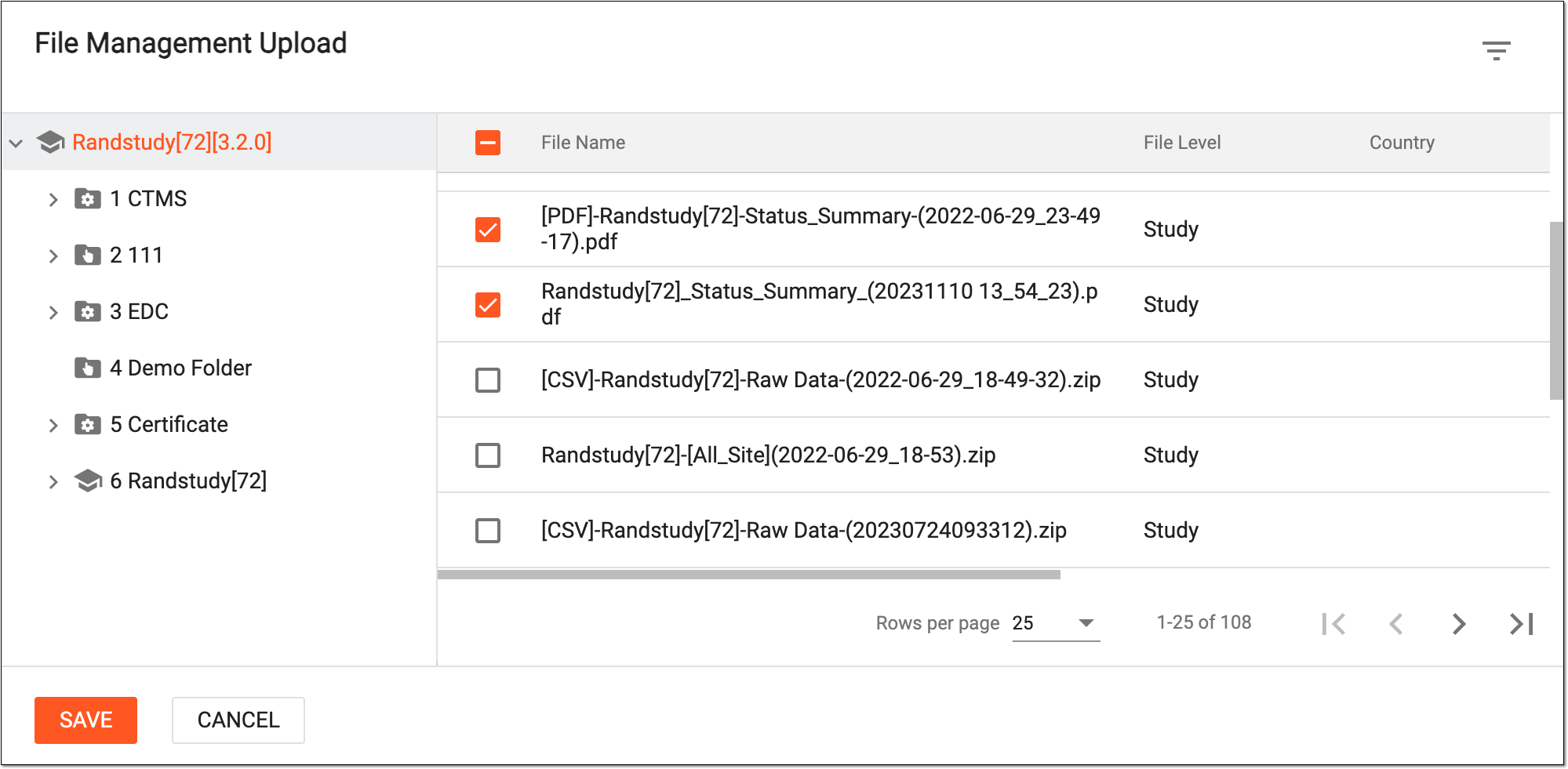 Selecting files for upload