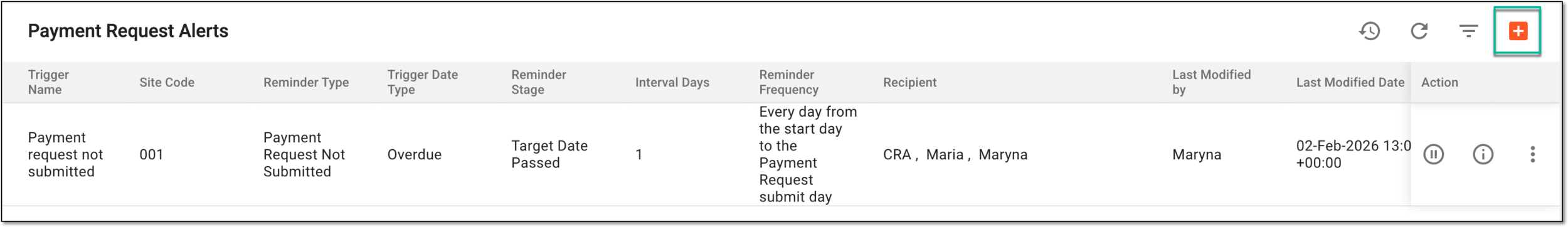 Selecting option to add new payment request alert