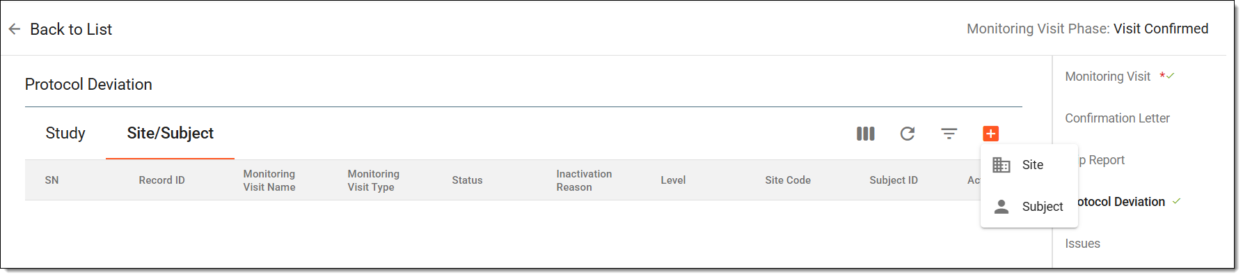 Adding protocol deviation to monitoring visit