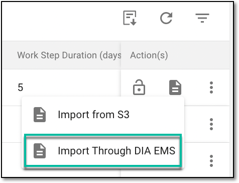 Selecting option to import files via DIA EMS