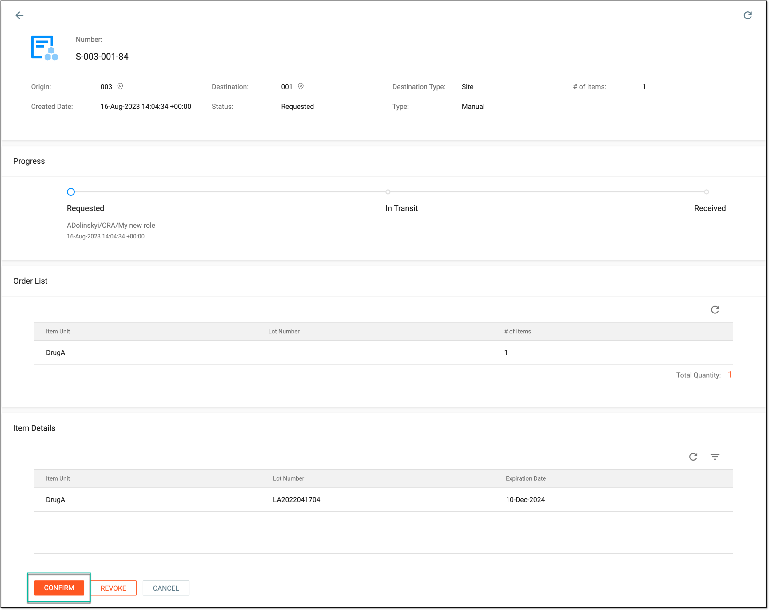 Confirming shipment as supply site
