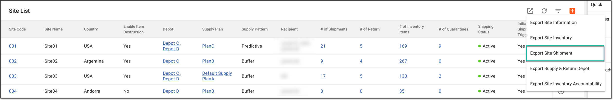 Exporting site shipment data