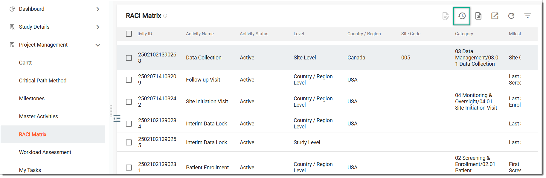 Accessing operation history of RACI matrix