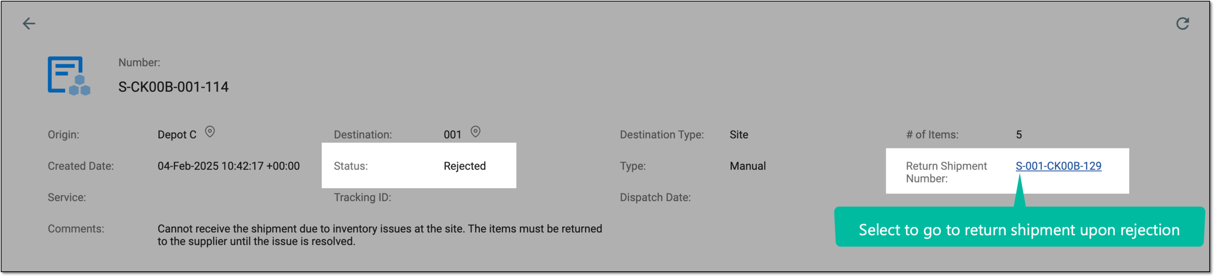 Rejected shipment details with autogenerated return shipment link