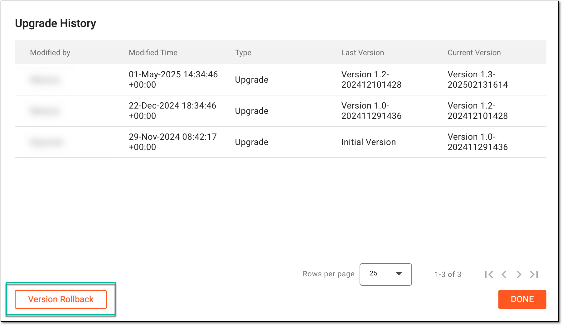 Selecting option to roll back version for subject dispensing plan