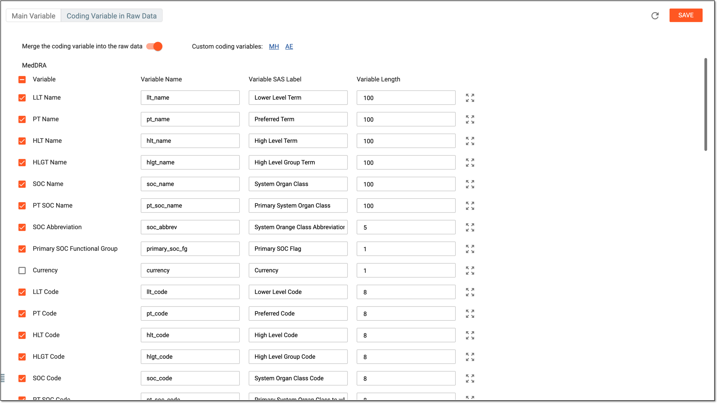 Configuring coding variables for raw data