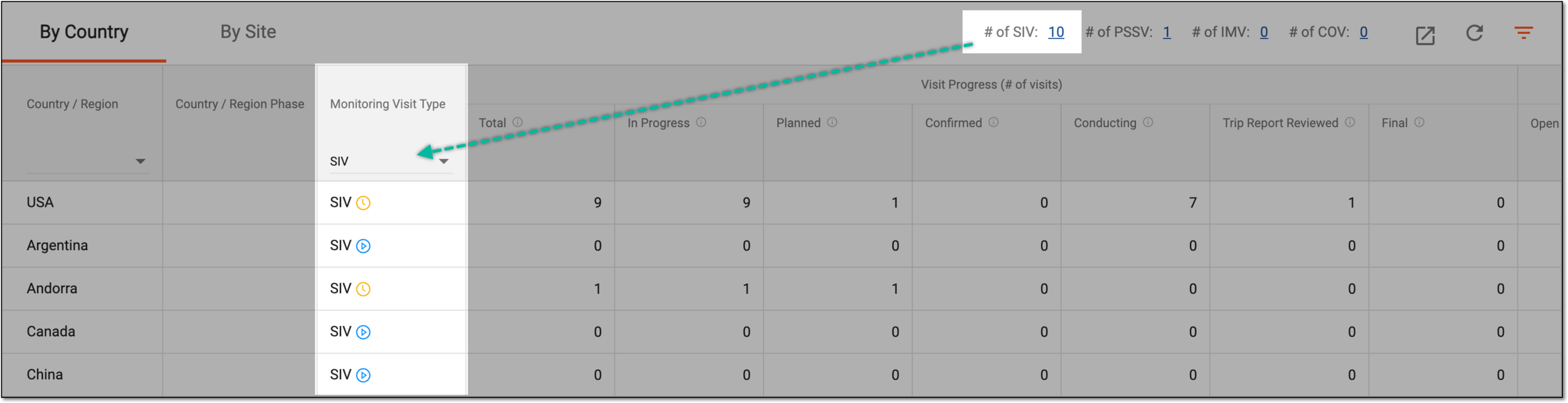 Filtering monitoring visit summary by type
