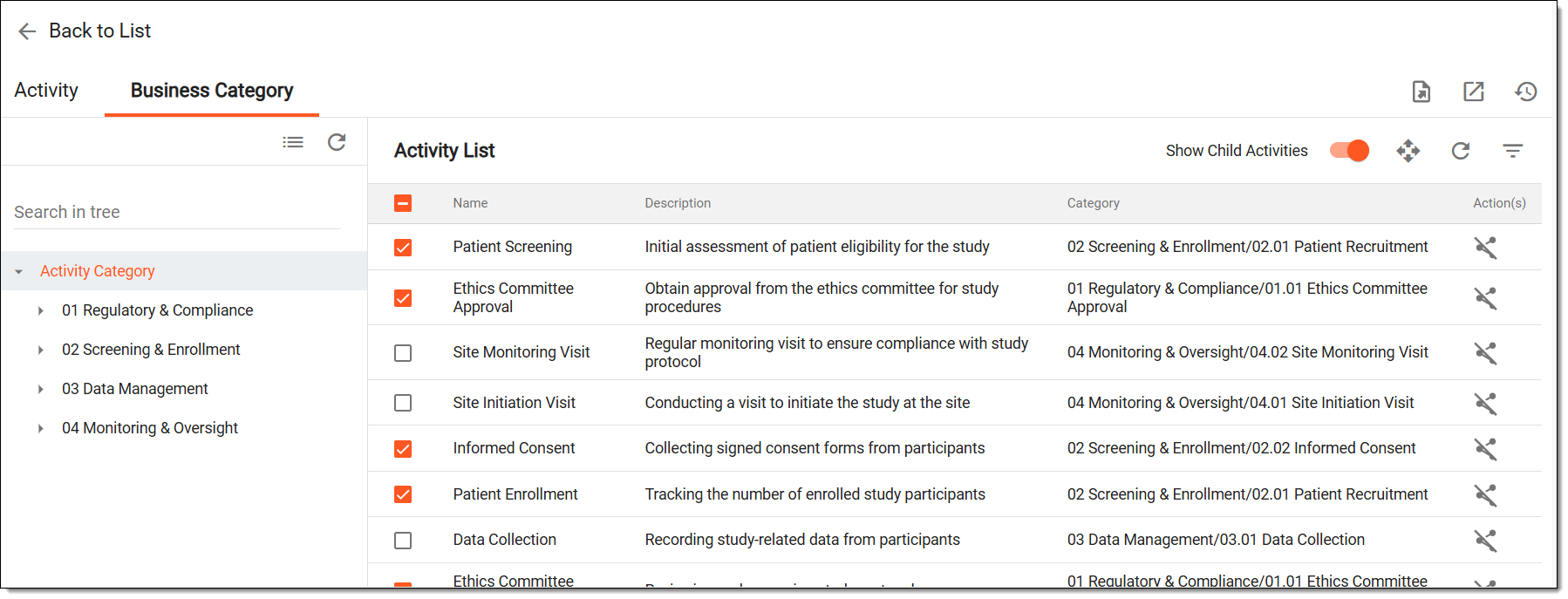 Selecting activities to update category