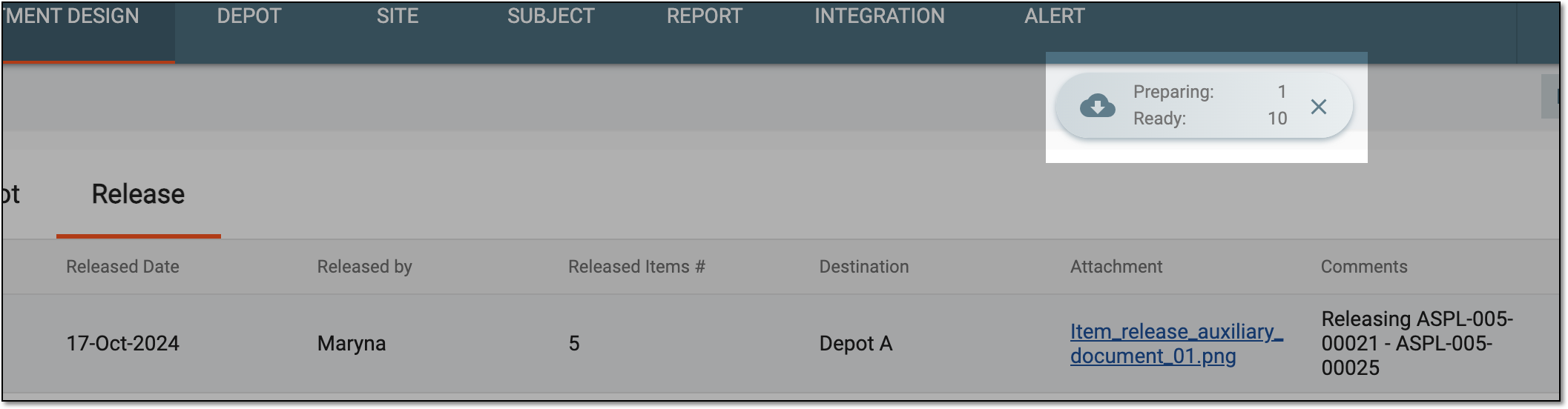 Downloads widget for lot release data