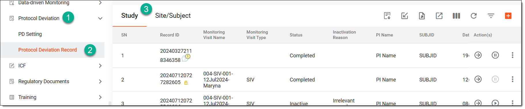 Accessing protocol deviation records