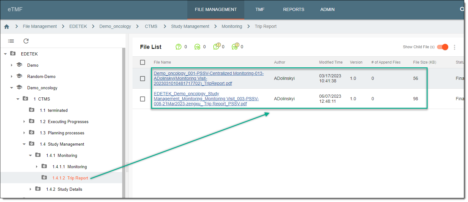 Locating trip report files in eTMF
