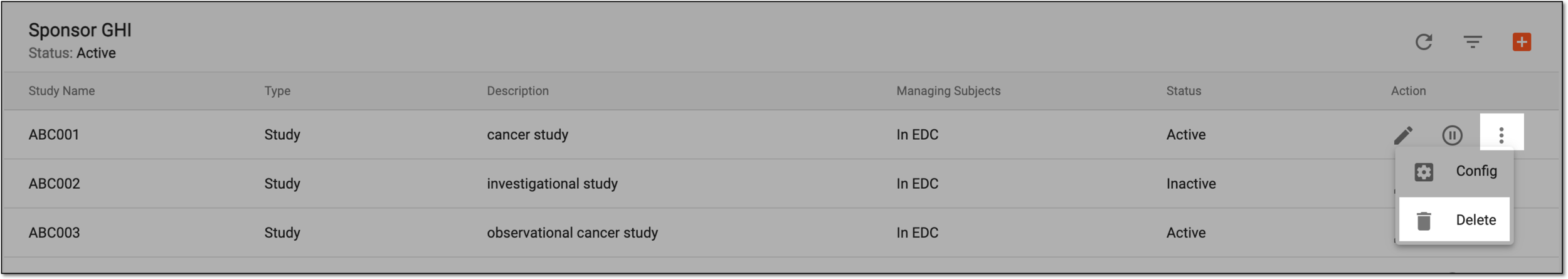 Selecting to delete study