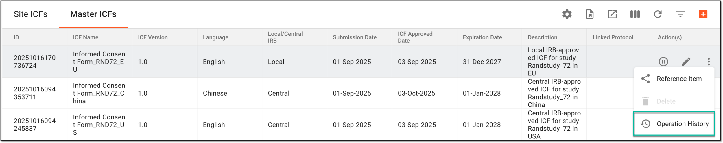 Accessing master ICF listing record operation history
