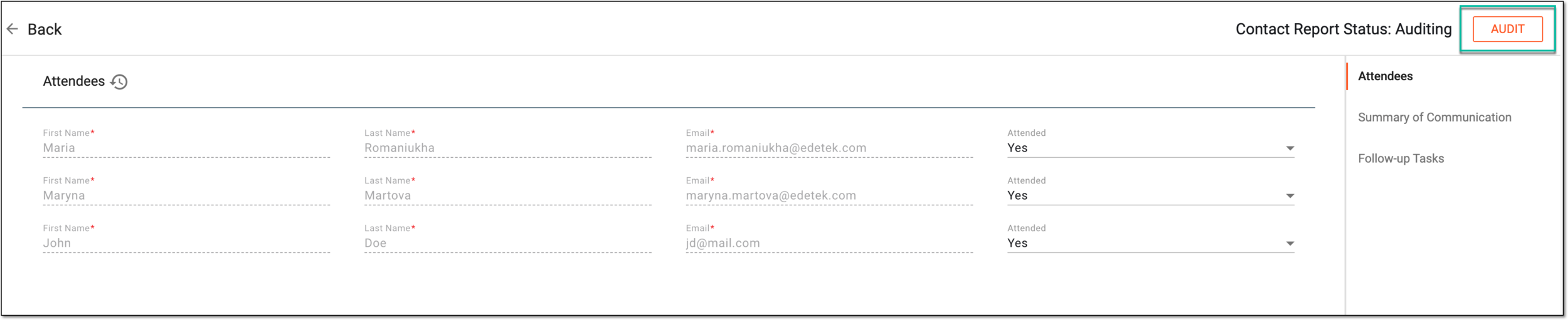 Selecting option to audit contact report