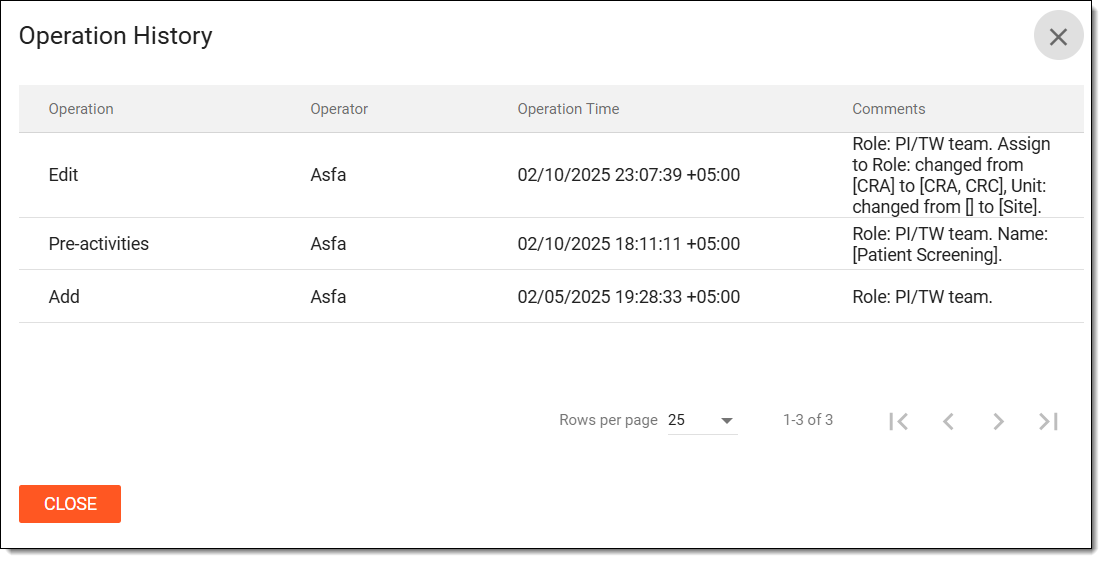 Viewing operation history of activity