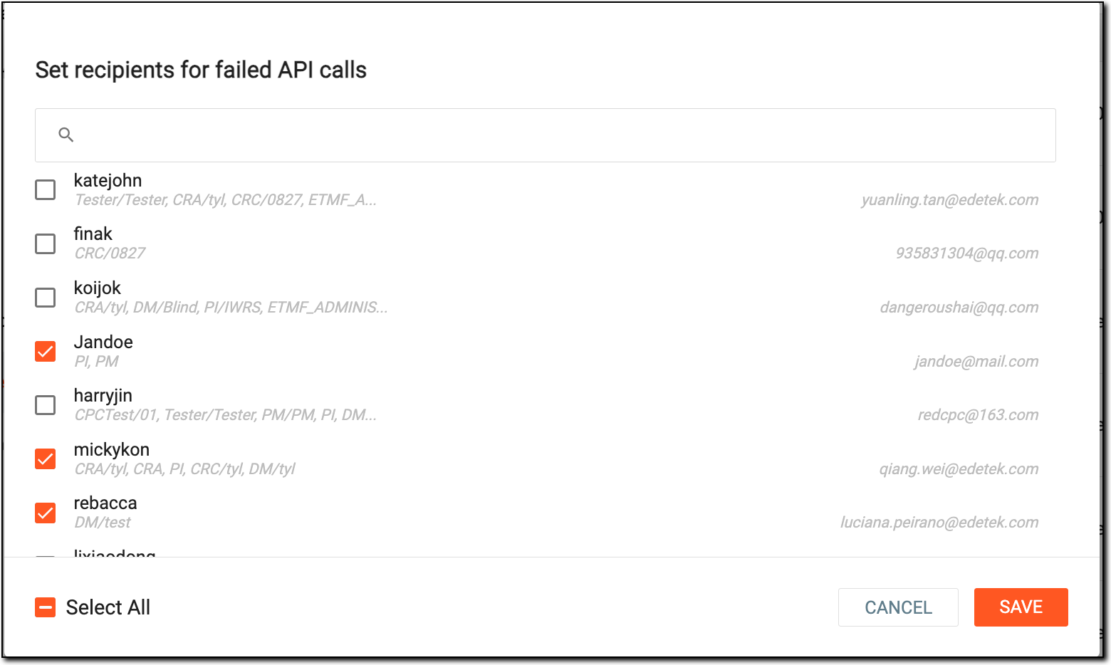 Selecting users as recipients for failed API calls