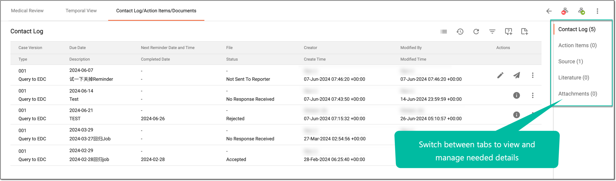 Reviewing contact log, action items, and documents