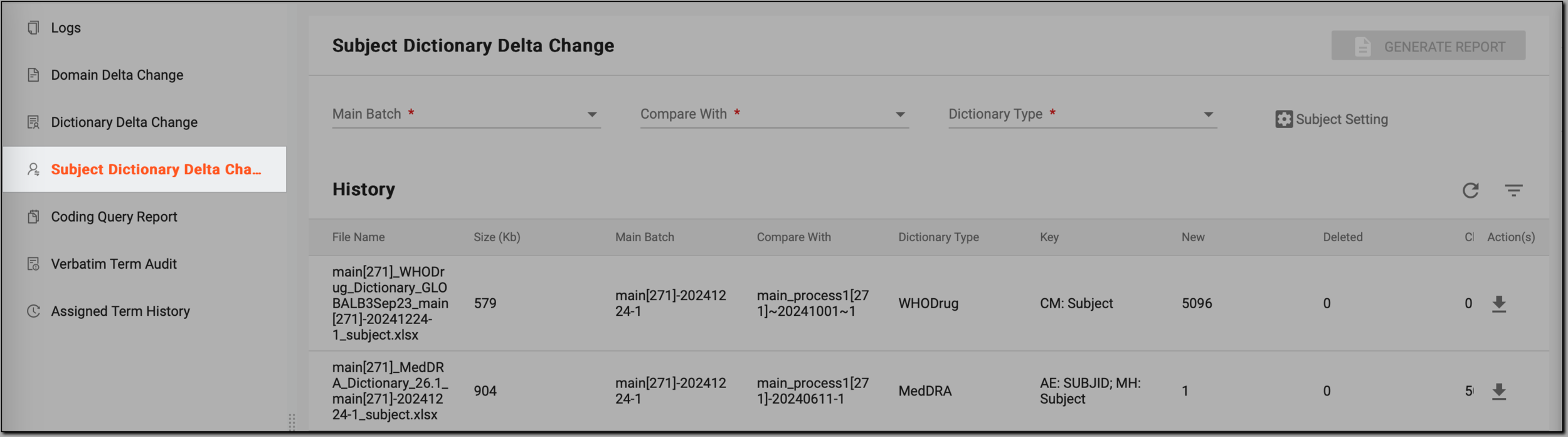 Accessing subject dictionary delta change reporting functionality