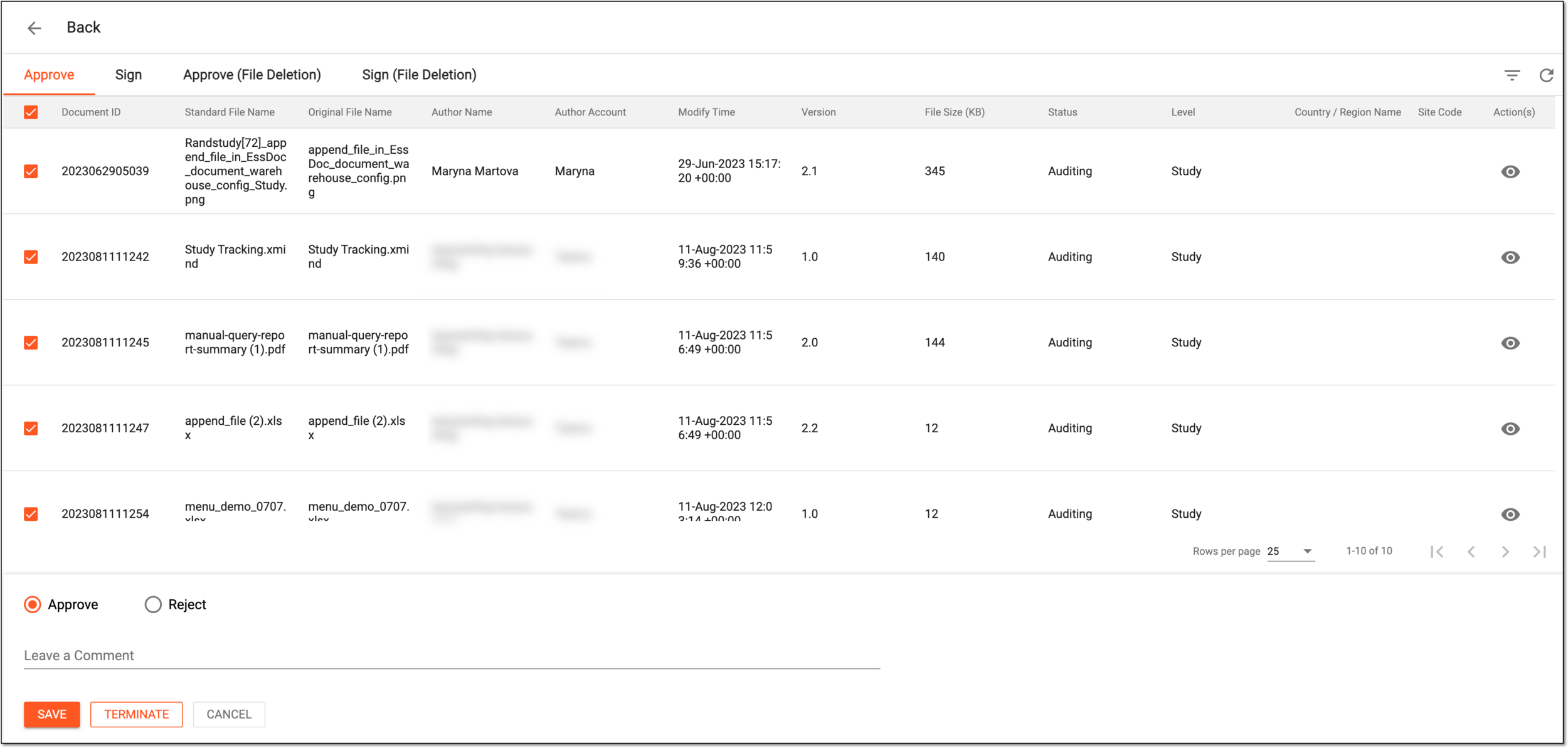 Approving files in batch