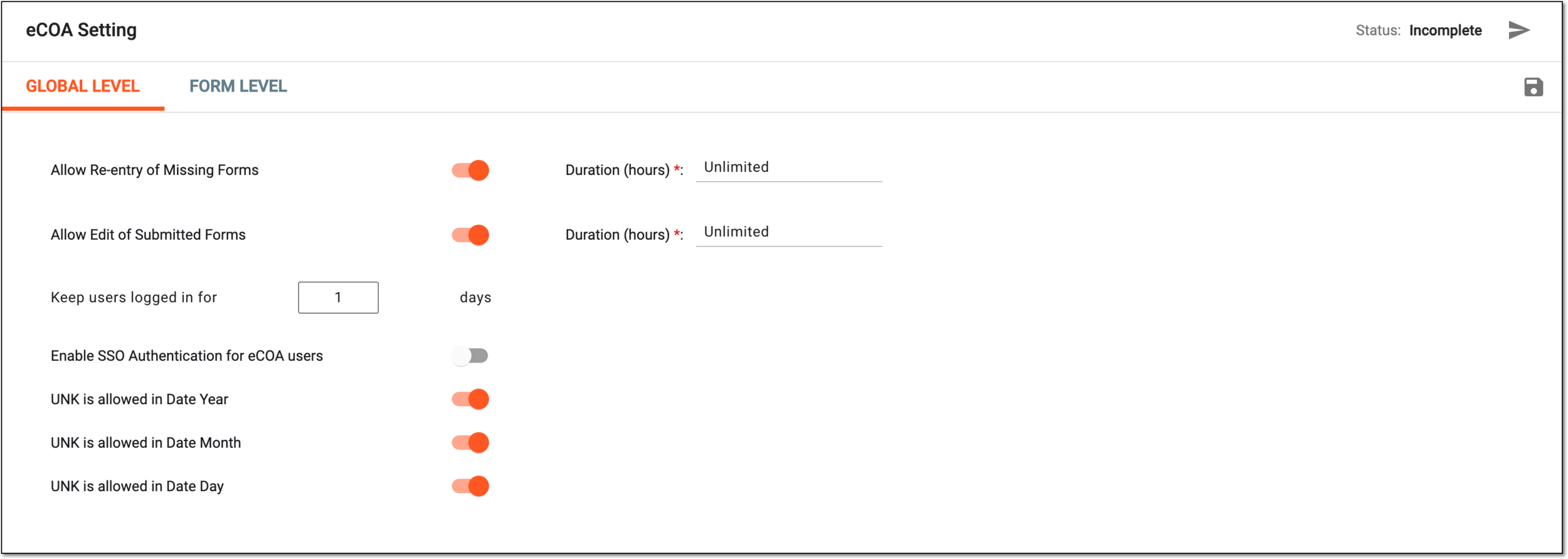 Configuring eCOA application settings at global level