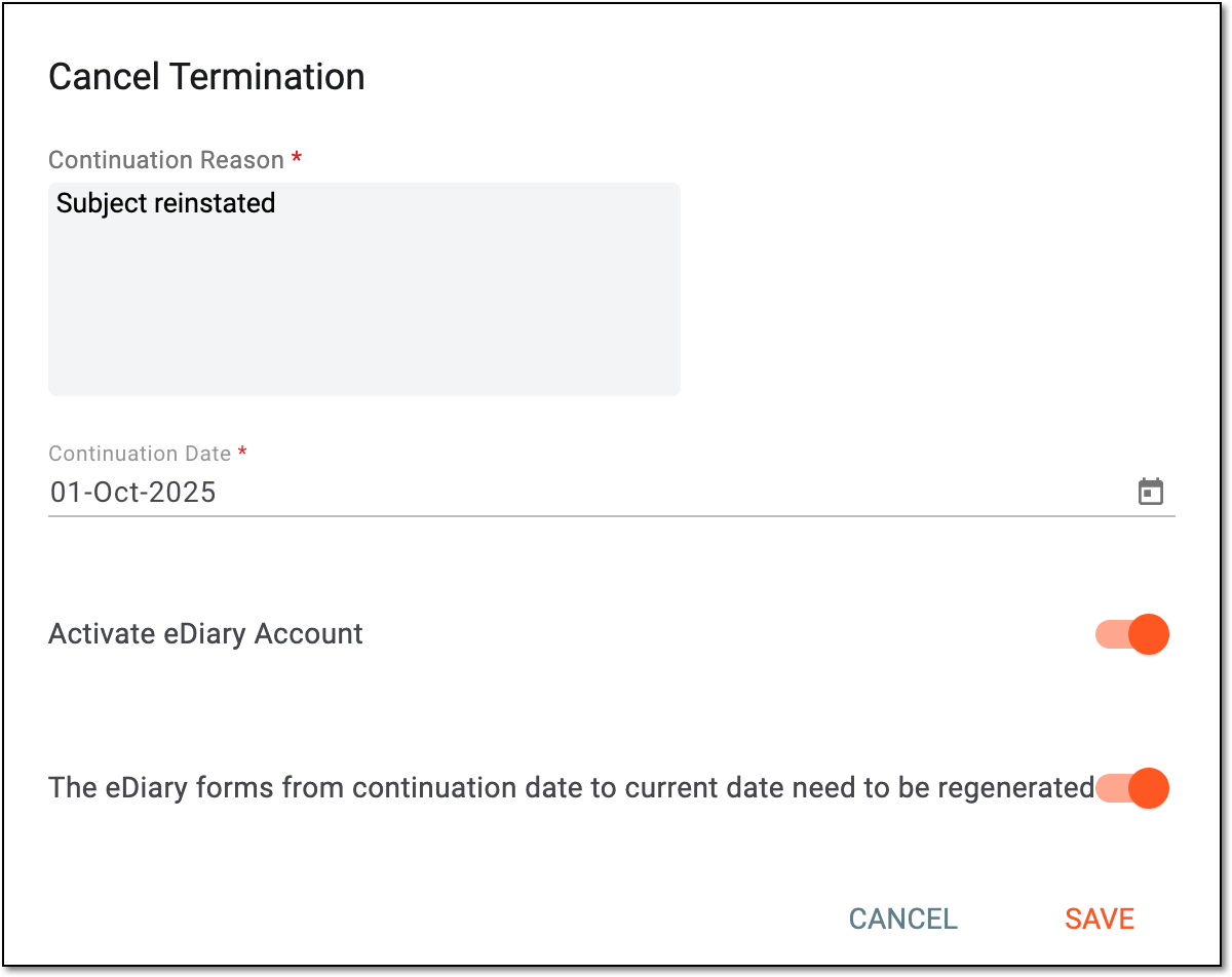 Canceling termination of eDiary account for subject