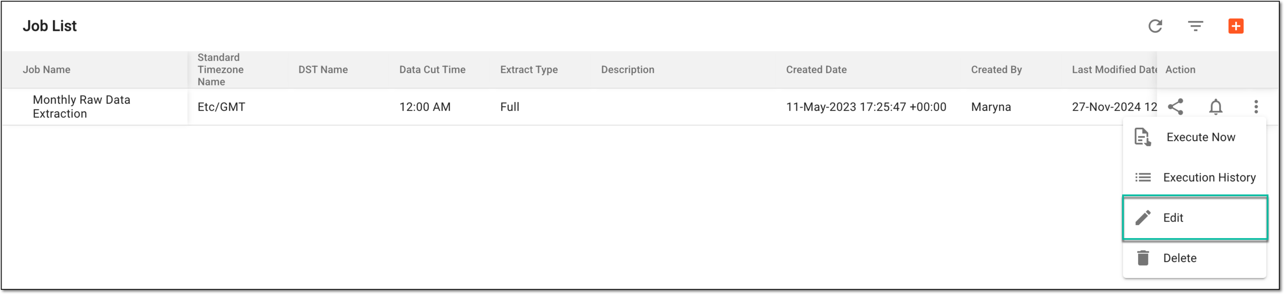Selecting option to edit data extraction job