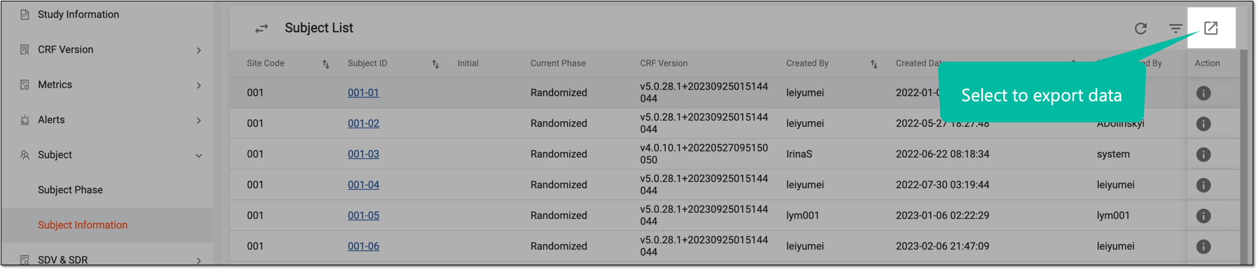 Selecting to export data