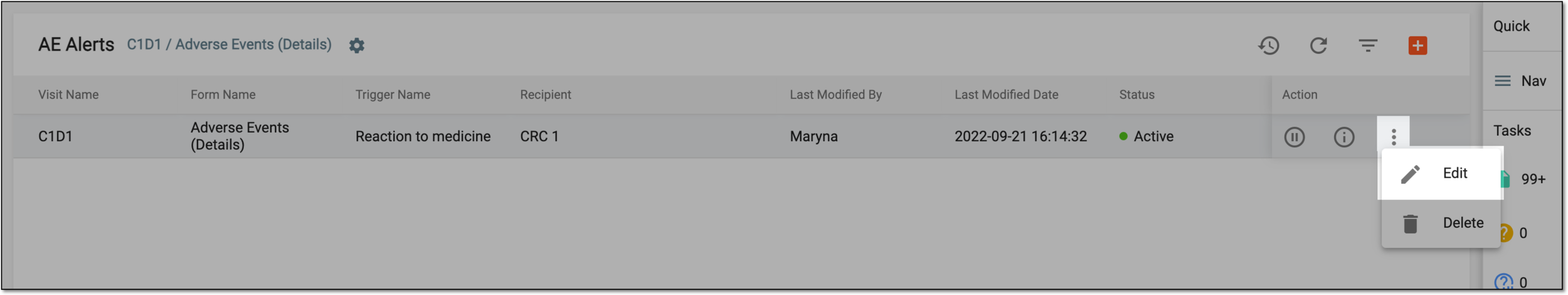 Accessing alert editing option