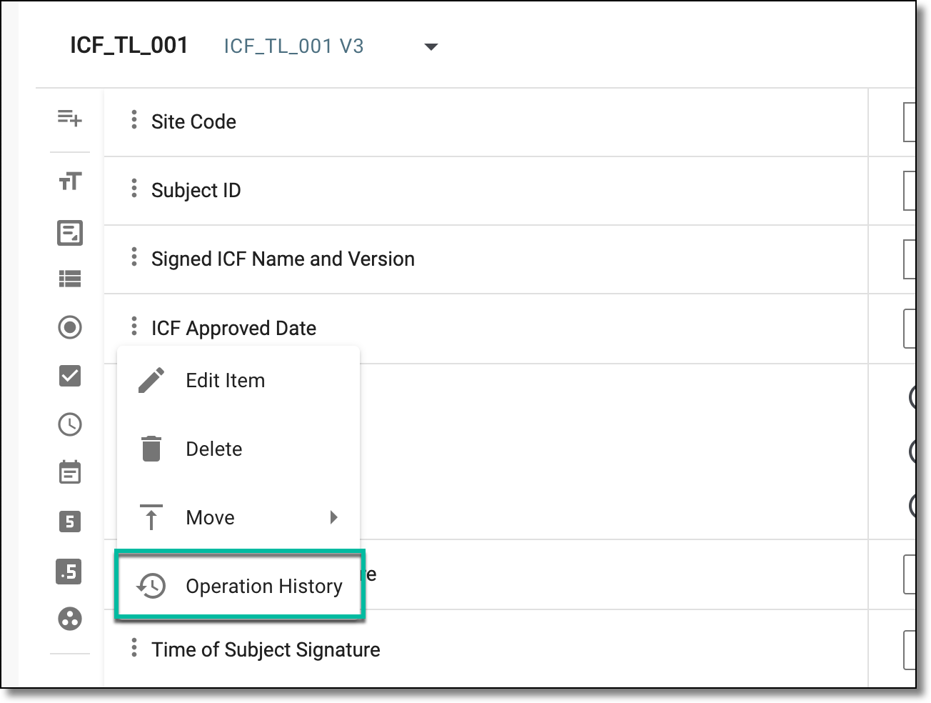 Accessing operation history of item in ICF tracking template